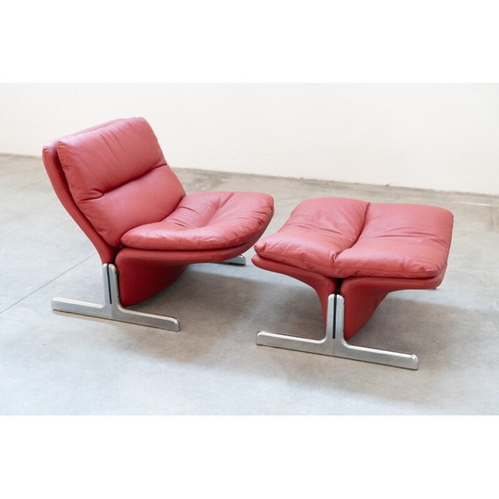 Image 1 of Vintage armchair and ottoman in metal and red leather by Vitelli and Ammannati for Brunati, Italy 1980