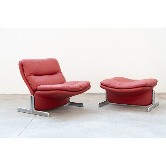 Image 1 of Vintage armchair and ottoman in metal and red leather by Vitelli and Ammannati for Brunati, Italy 1980