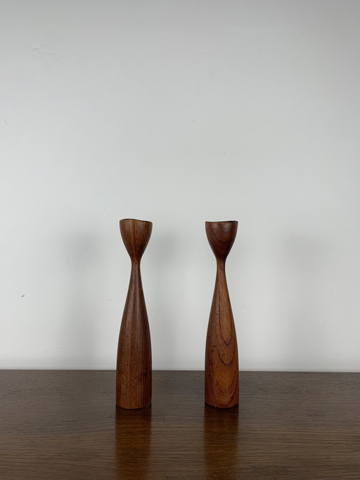 Teak Candle Holder Duo, Circa 1960, Denmark