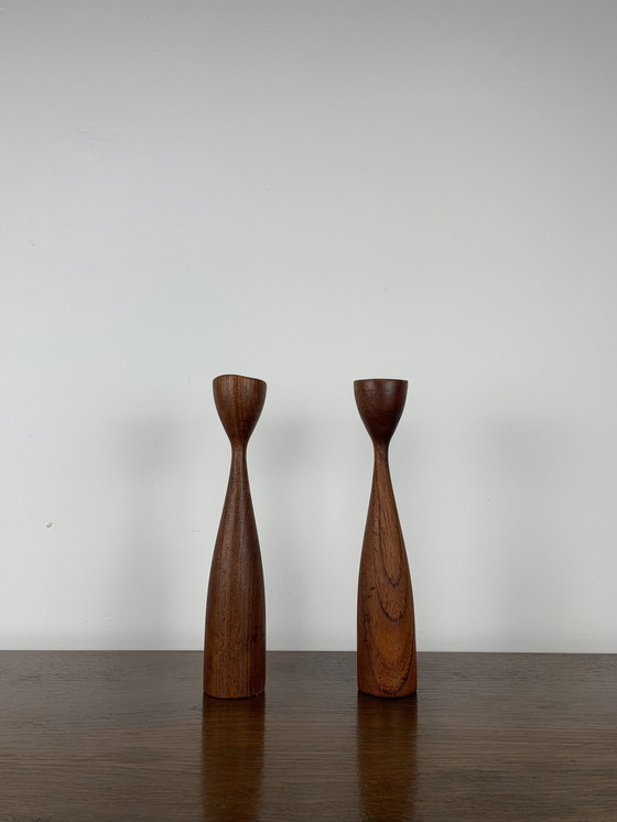 Image 1 of Teak Candle Holder Duo, Circa 1960, Denmark