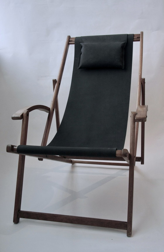 Image 1 of vintage wooden beach chair leather seat