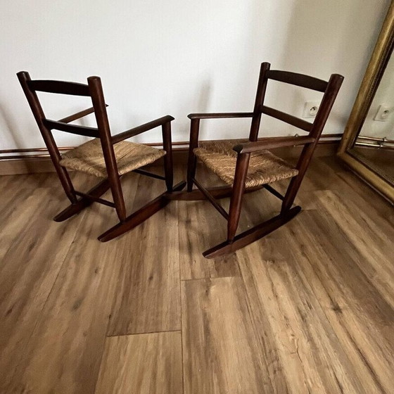 Image 1 of Pair of vintage rocking chairs for children in wood and straw