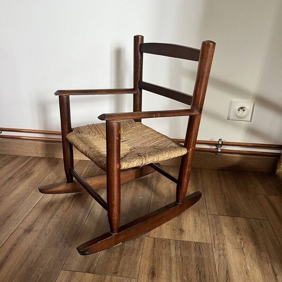 Image 1 of Pair of vintage rocking chairs for children in wood and straw