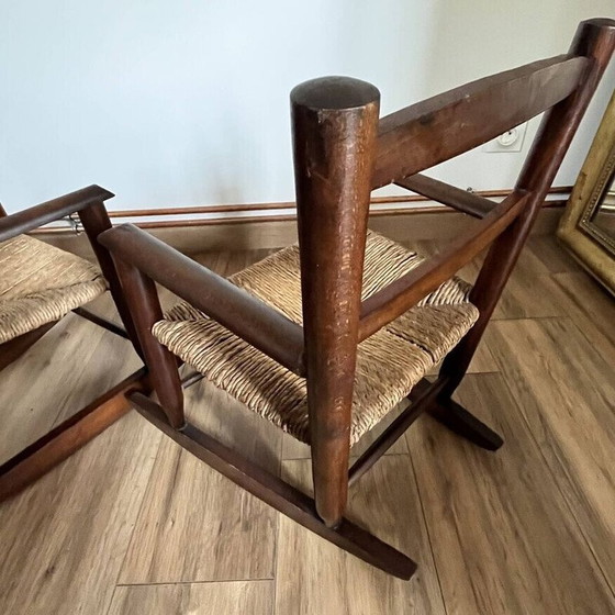 Image 1 of Pair of vintage rocking chairs for children in wood and straw