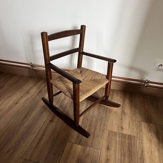Image 1 of Pair of vintage rocking chairs for children in wood and straw
