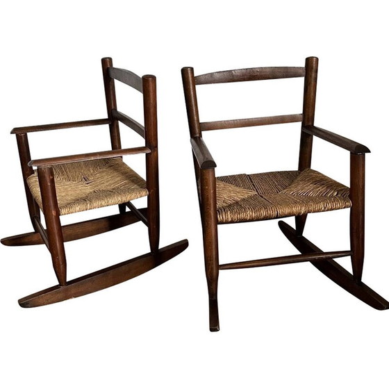 Image 1 of Pair of vintage rocking chairs for children in wood and straw