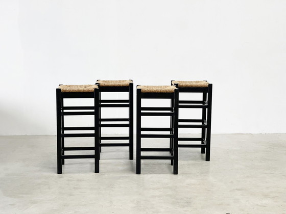 Image 1 of set of four rattan and wood barstools