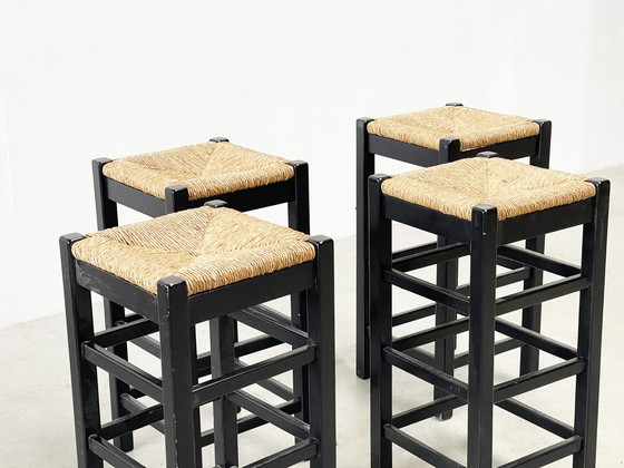 Image 1 of set of four rattan and wood barstools