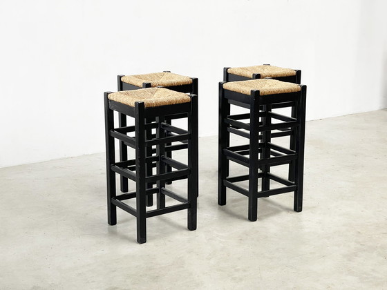 Image 1 of set of four rattan and wood barstools