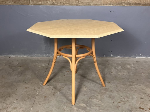 Table en travertin avec pied en bentwood