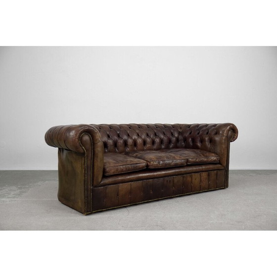 Image 1 of Vintage large antique brown leather sofa England 1920s