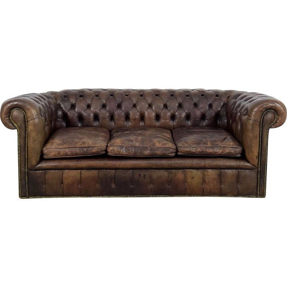 Image 1 of Vintage large antique brown leather sofa England 1920s