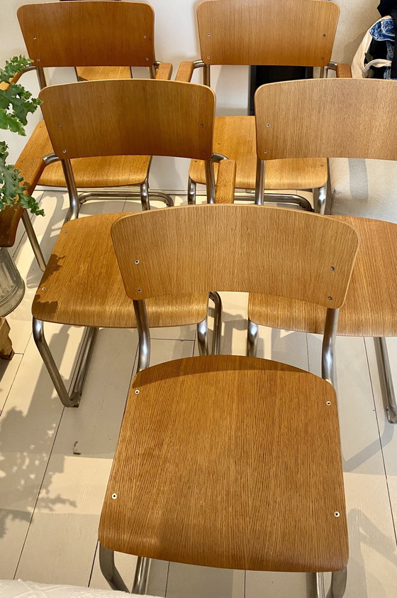 Image 1 of 6x Original Mart Stam Oak Sled Chairs S43 Thonet