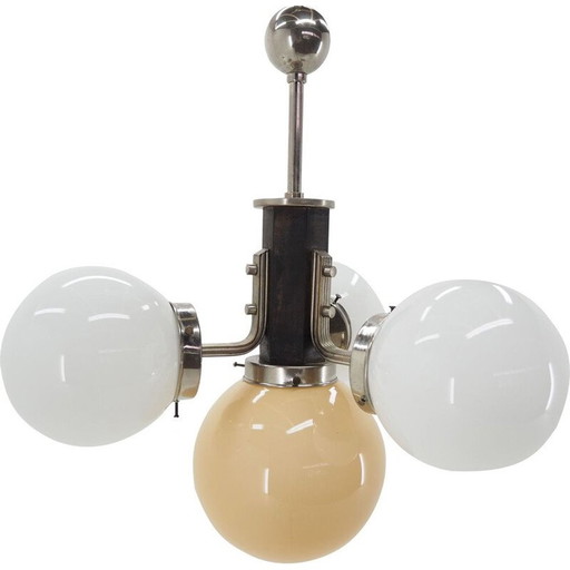 Vintage art deco chandelier in chrome and wood