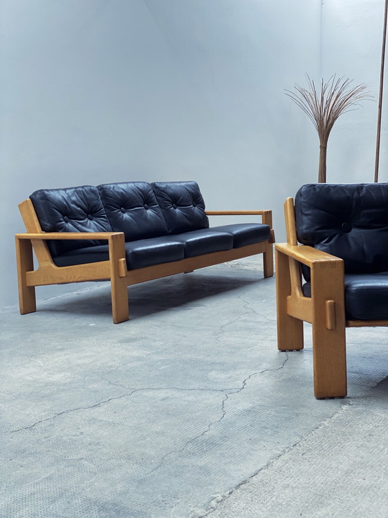 Image 1 of Esko Pajamies For Asko "Bonanza" Sofa / 3-Seater & Armchair Set Leather Black Solid Oak Wood, Finland 1970s