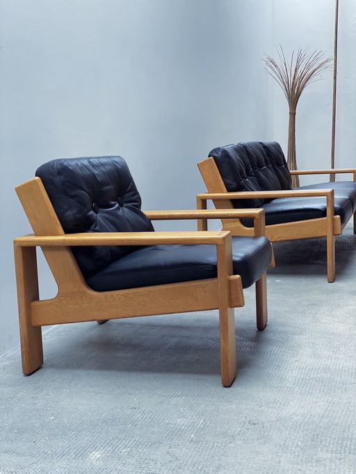 Esko Pajamies For Asko "Bonanza" Sofa / 3-Seater & Armchair Set Leather Black Solid Oak Wood, Finland 1970s