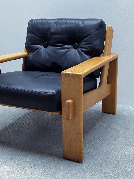 Image 1 of Esko Pajamies For Asko "Bonanza" Sofa / 3-Seater & Armchair Set Leather Black Solid Oak Wood, Finland 1970s