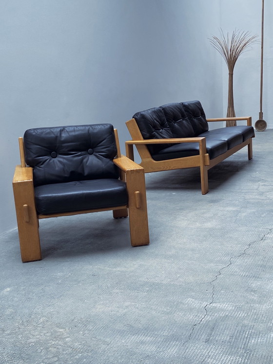 Image 1 of Esko Pajamies For Asko "Bonanza" Sofa / 3-Seater & Armchair Set Leather Black Solid Oak Wood, Finland 1970s