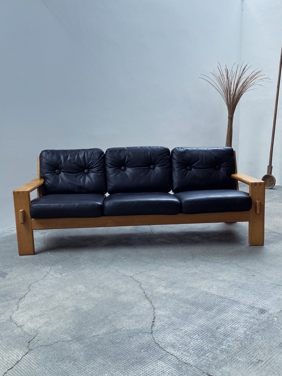 Image 1 of Esko Pajamies For Asko "Bonanza" Sofa / 3-Seater & Armchair Set Leather Black Solid Oak Wood, Finland 1970s