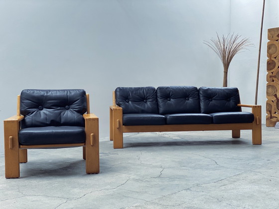 Image 1 of Esko Pajamies For Asko "Bonanza" Sofa / 3-Seater & Armchair Set Leather Black Solid Oak Wood, Finland 1970s