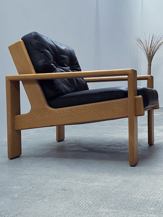 Image 1 of Esko Pajamies For Asko "Bonanza" Sofa / 3-Seater & Armchair Set Leather Black Solid Oak Wood, Finland 1970s