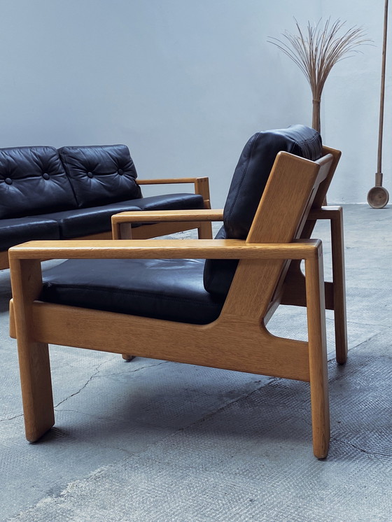 Image 1 of Esko Pajamies For Asko "Bonanza" Sofa / 3-Seater & Armchair Set Leather Black Solid Oak Wood, Finland 1970s