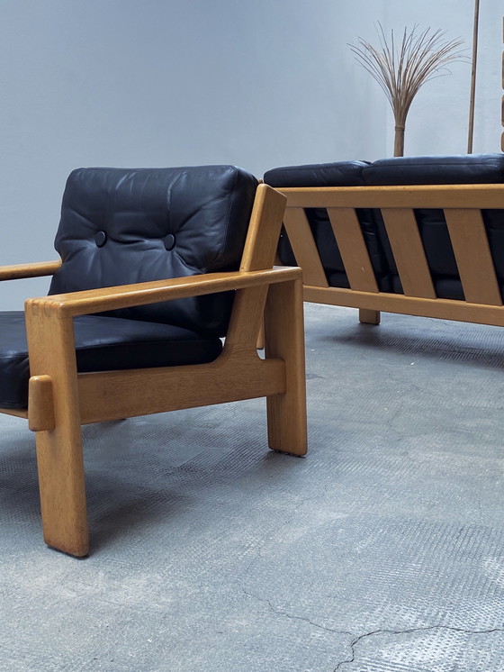 Image 1 of Esko Pajamies For Asko "Bonanza" Sofa / 3-Seater & Armchair Set Leather Black Solid Oak Wood, Finland 1970s