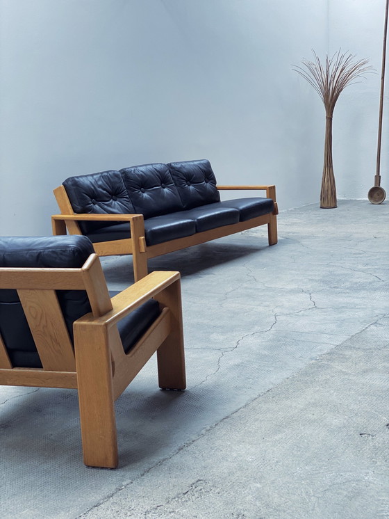 Image 1 of Esko Pajamies For Asko "Bonanza" Sofa / 3-Seater & Armchair Set Leather Black Solid Oak Wood, Finland 1970s