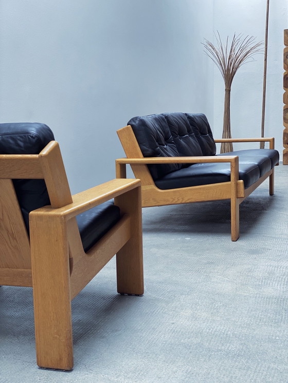 Image 1 of Esko Pajamies For Asko "Bonanza" Sofa / 3-Seater & Armchair Set Leather Black Solid Oak Wood, Finland 1970s