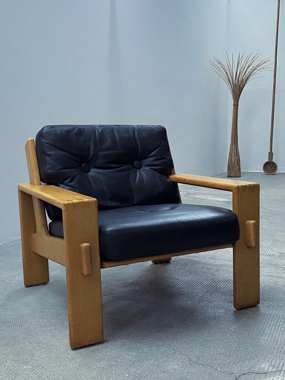 Image 1 of Esko Pajamies For Asko "Bonanza" Sofa / 3-Seater & Armchair Set Leather Black Solid Oak Wood, Finland 1970s