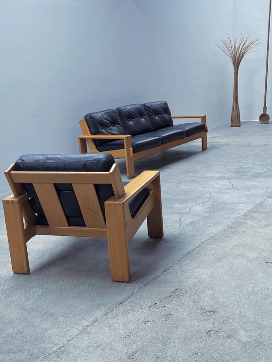 Image 1 of Esko Pajamies For Asko "Bonanza" Sofa / 3-Seater & Armchair Set Leather Black Solid Oak Wood, Finland 1970s