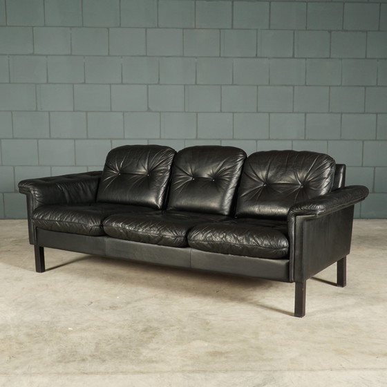 Image 1 of Set of midcentury black leather sofas - 1970s