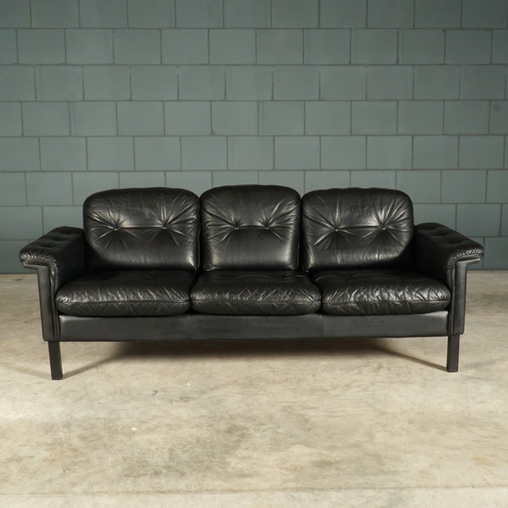 Image 1 of Set of midcentury black leather sofas - 1970s