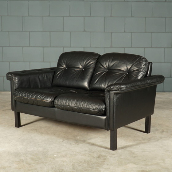 Image 1 of Set of midcentury black leather sofas - 1970s