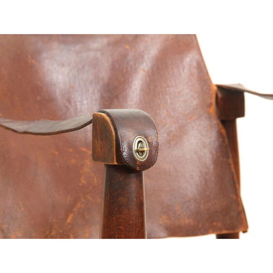 Image 1 of Pair of vintage leather and beech wood Safari chairs - 1940s