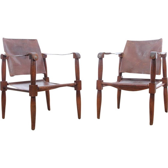Image 1 of Pair of vintage leather and beech wood Safari chairs - 1940s