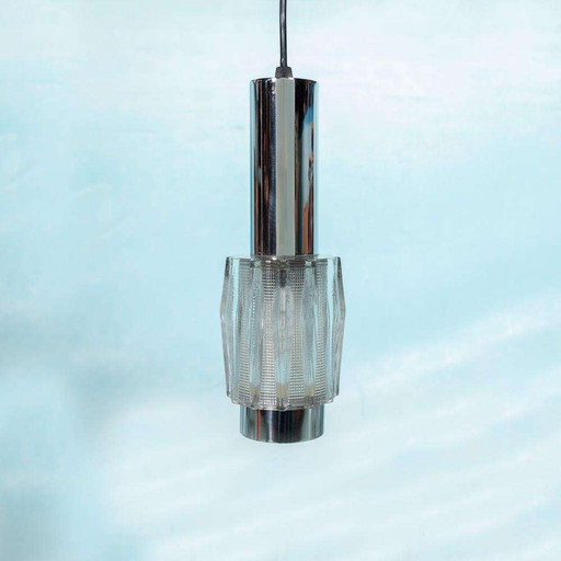 Lampe suspendue vintage en verre et chrome, suspension cascade space age