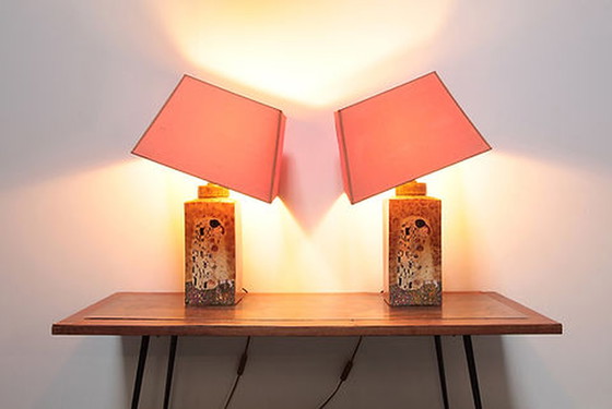 Image 1 of 2x Vintage Table Lamps with Gustav Klimt print