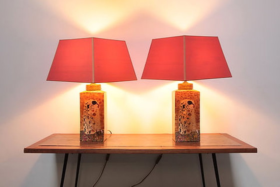 Image 1 of 2x Vintage Table Lamps with Gustav Klimt print