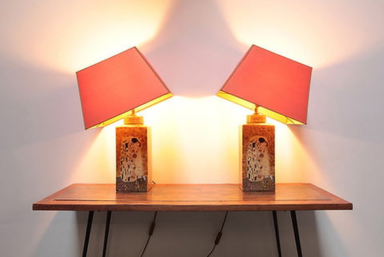 Image 1 of 2x Vintage Table Lamps with Gustav Klimt print