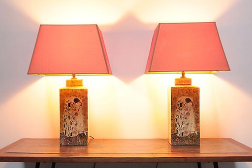 2x Vintage Table Lamps with Gustav Klimt print