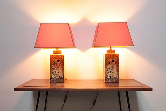 Image 1 of 2x Vintage Table Lamps with Gustav Klimt print