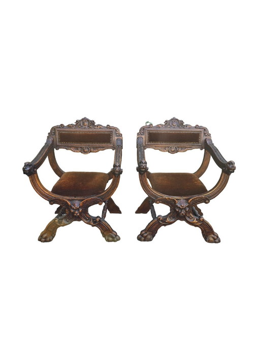 Pair De Fauteuils Dagobert En Noyer Et Velours