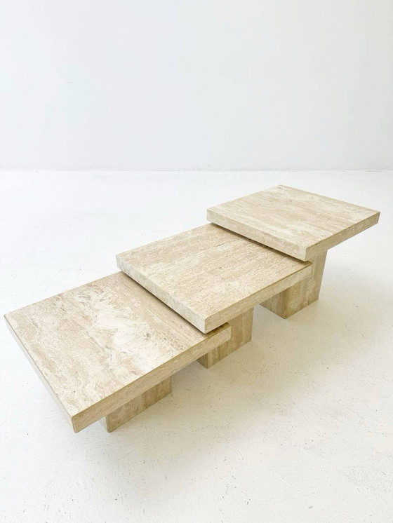 Image 1 of Set of 3 minimalist Mid - Century coffee tables made of travertine, Italy