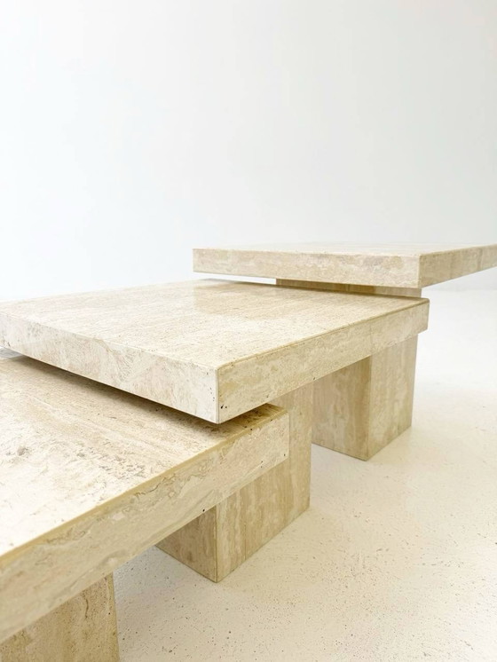 Image 1 of Set of 3 minimalist Mid - Century coffee tables made of travertine, Italy