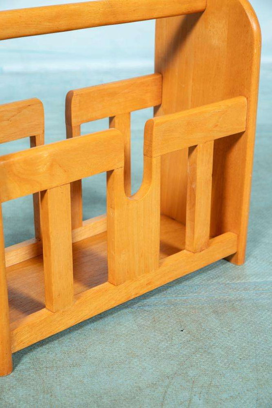 Image 1 of Bohemian wooden magazine basket, blond wooden magazine rack 70s