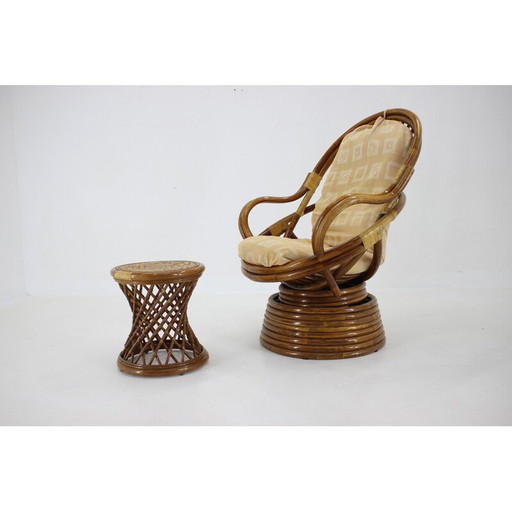 Vintage armchair with rattan stool, Europe 1980