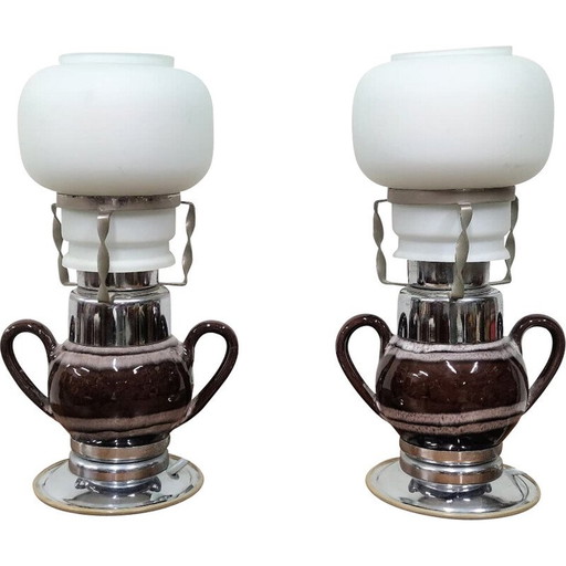 Coppia di lampade da tavolo vintage in ceramica e vetro, Bulgaria