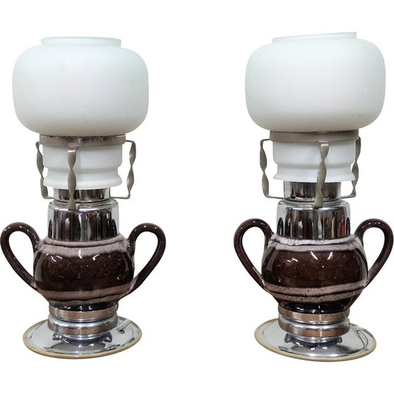 Image 1 of Pair of vintage ceramic and glass table lamps, Bulgaria