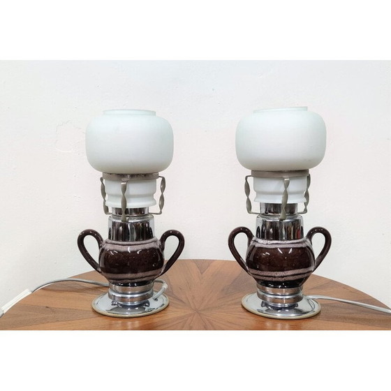 Image 1 of Pair of vintage ceramic and glass table lamps, Bulgaria